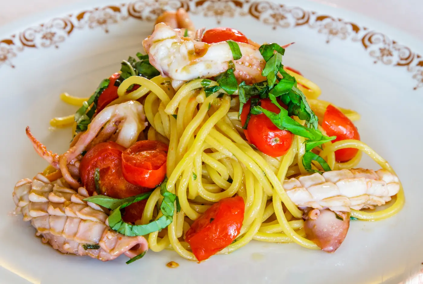 Seafood pasta prepared at Trattoria Ai Due Orsi